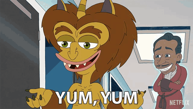 a cartoon character says yum yum in front of a man in a red robe