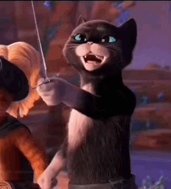 a black and white cat is holding a sword in its paws .