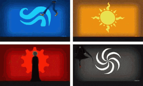 four different colored backgrounds with a swirl and a sun on them