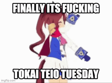 a cartoon girl is holding a can of soda and saying `` finally it 's fucking tokai teio tuesday ''