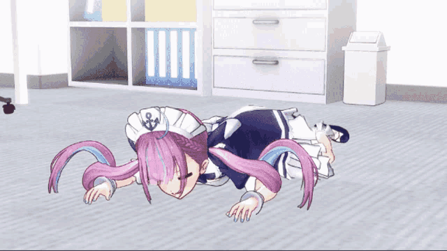 a girl in a maid outfit is laying on the floor in an office