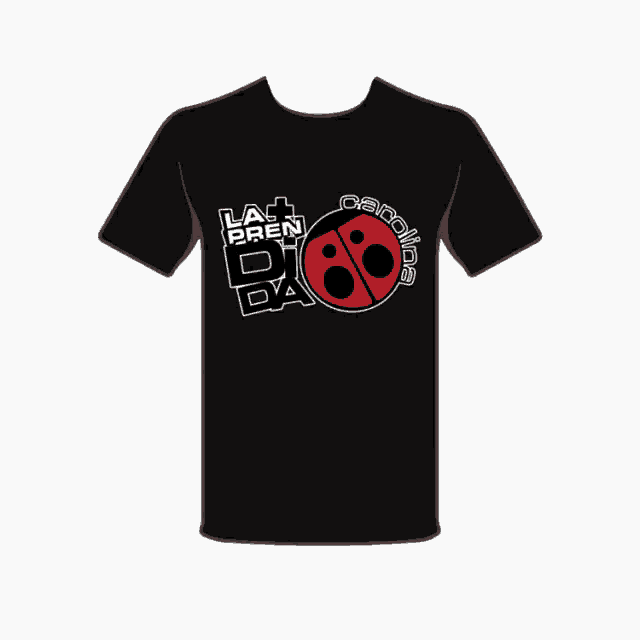a black t-shirt with a ladybug on it that says la + pren ba