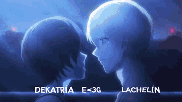 a man and a woman are looking into each other 's eyes with the words dekatria e < 3g lachelin above them