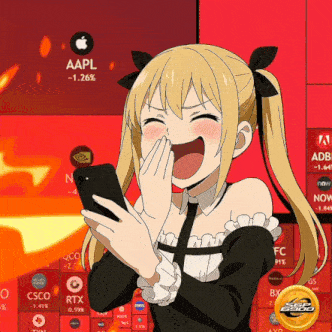 a girl is laughing while holding a cell phone in front of a screen that says aapl 1.26 %