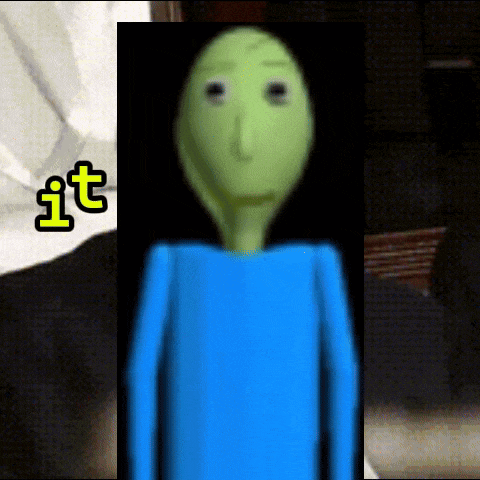 a green cartoon character with a blue shirt and the word " it " on the bottom right