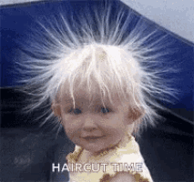 a little girl with a bunch of hair on her head and the words `` haircut time '' written on the bottom .
