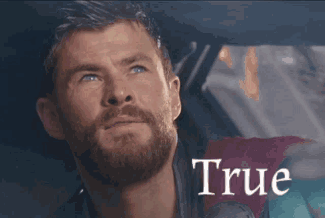a man with a beard is sitting in a car and the word true is on the screen
