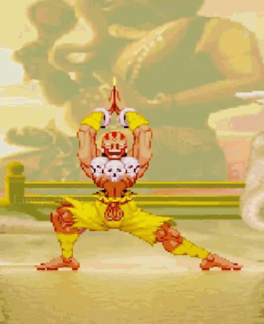 a pixel art of a man in yellow pants with a skull on his head