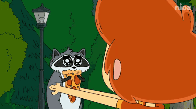 a cartoon shows a raccoon holding a slice of pizza in its mouth