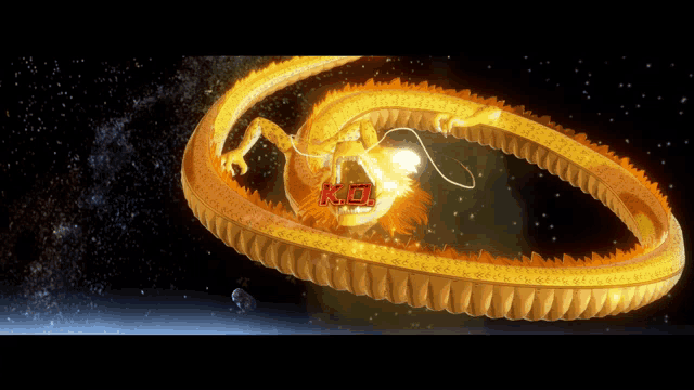a picture of a dragon with the letters k.o. in red