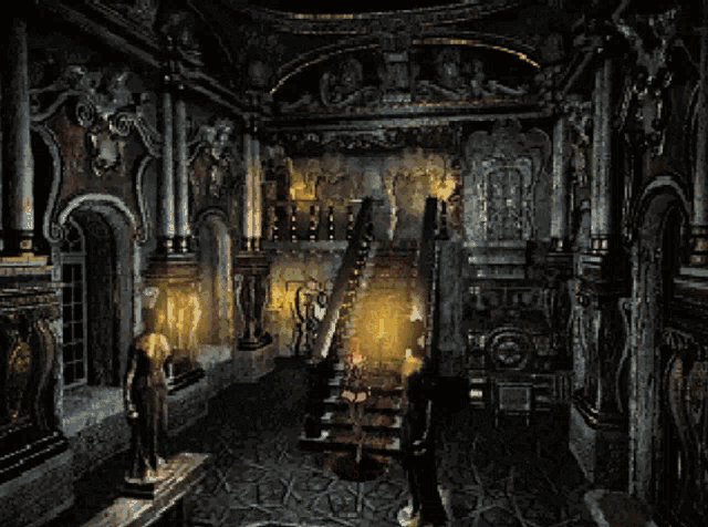 a very ornate room with a staircase and statues
