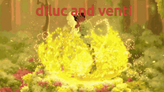 a cartoon of a girl surrounded by flowers with the words diluc and venti written on the bottom