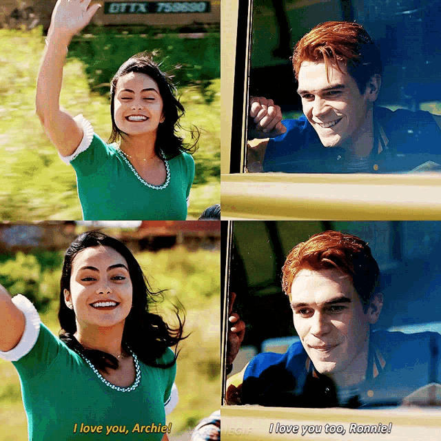 a woman in a green shirt says " i love you archie " next to a man