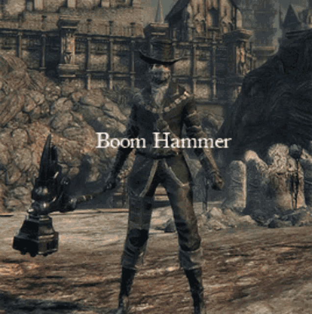 a man holding a boom hammer in front of a castle