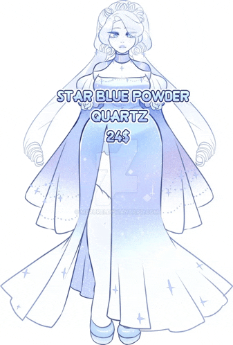 a drawing of a woman in a blue dress with the words star blue powder quartz on the bottom