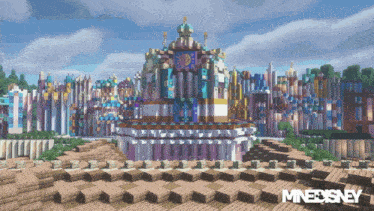 a minecraft image of a castle with the words minedisney on the bottom right