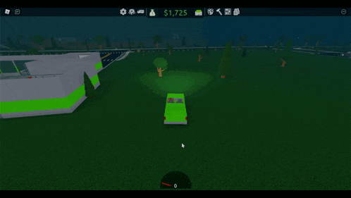 a green car is driving down a road with a speedometer showing 87 mph