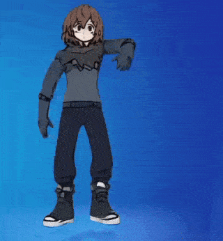 a cartoon character is standing with his arms outstretched and a blue background .