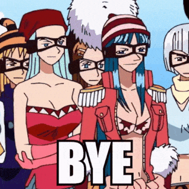 a group of anime characters are standing next to each other and the word bye is on the bottom right