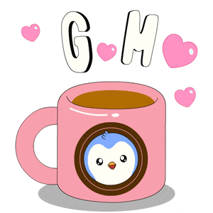 a pink cup of coffee with a penguin on it and the letter g.m.