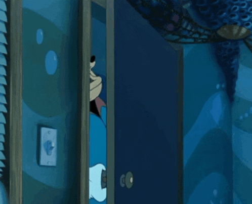 a cartoon character is standing in a doorway with his mouth open