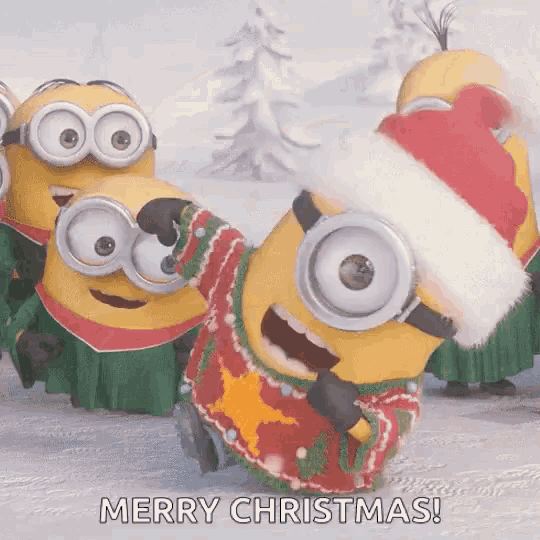 a group of minions wearing santa hats and sweaters with the words merry christmas written below them