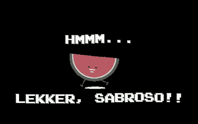 a cartoon of a watermelon with the words hmm lekker sabroso written above it