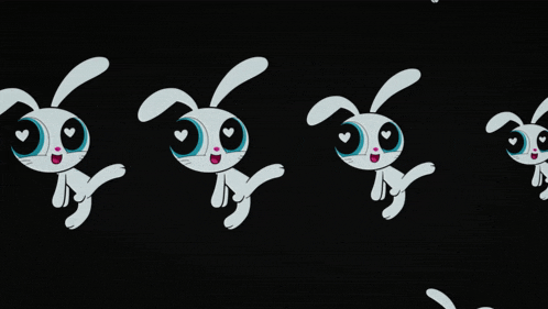 a black background with a pattern of white rabbits with blue eyes