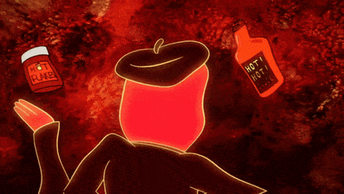 a cartoon drawing of a man with a hat and a bottle of hot sauce