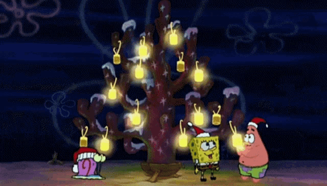 spongebob and patrick are decorating a christmas tree with spongebob wearing a santa hat
