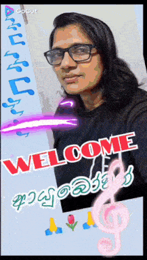 a woman wearing glasses and a black shirt with the words welcome written on it