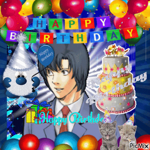 a picture of a man with a birthday cake and balloons says happy birthday