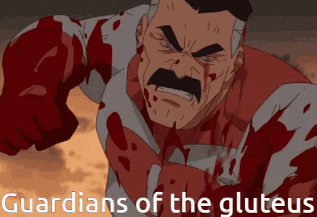 a cartoon of a man with blood coming out of his chest and the words guardians of the gluteus