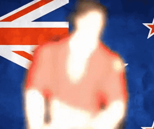 a blurry picture of a man standing in front of a flag