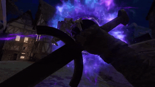 a person is holding a sword in a video game with purple smoke coming out of it
