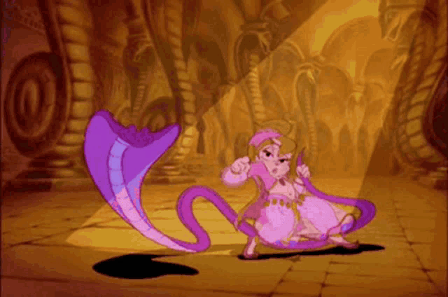 a cartoon character with a long purple tail is dancing with a snake