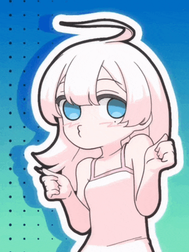 a drawing of a girl with white hair and blue eyes making a funny face