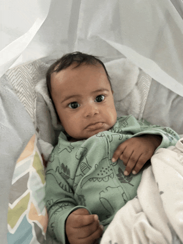 a baby is laying in a crib wearing a dinosaur outfit