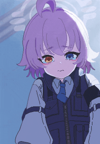 a pixel art of a girl with purple hair and red eyes