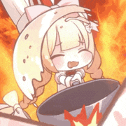 a cartoon girl is cooking in a frying pan with fire in the background .