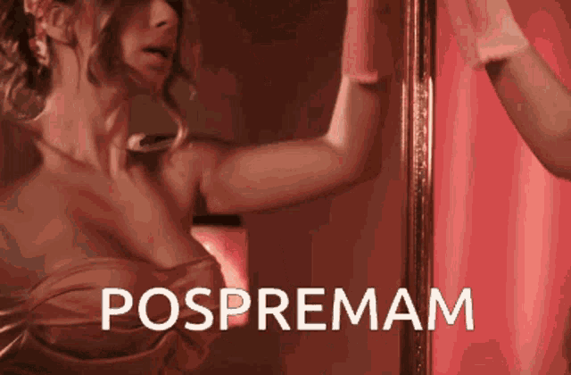 a woman in a pink dress is standing next to a pole and the word pospremam is above her