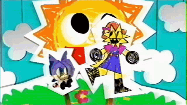 a drawing of a sun with a girl and a cat