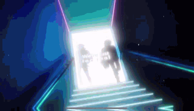 two people walking down stairs with the words we 're all top of the world