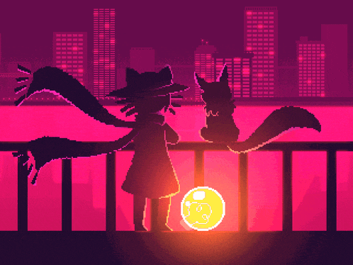 a pixel art illustration of a girl and a fox