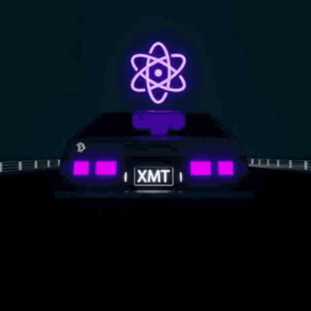 a car with a purple license plate that says xmt is driving down a road at night .