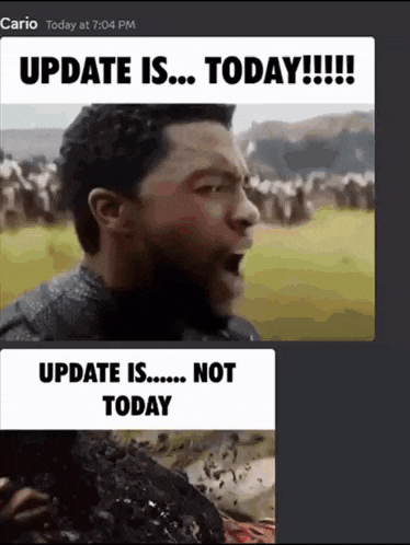 a picture of a man with a surprised look on his face and the words update is today