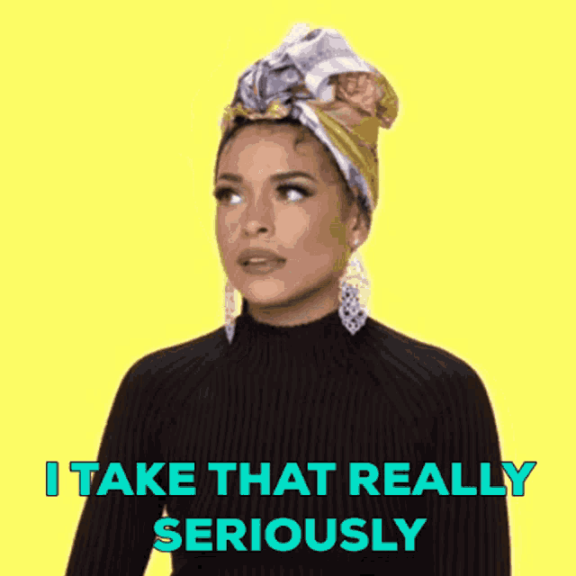 a woman wearing a head scarf and earrings is saying i take that really seriously