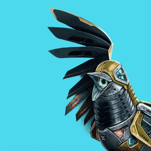 a drawing of a robotic bird on a blue background with the letter g behind it