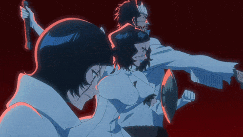 a man with a beard is holding a sword while a woman holds a shield