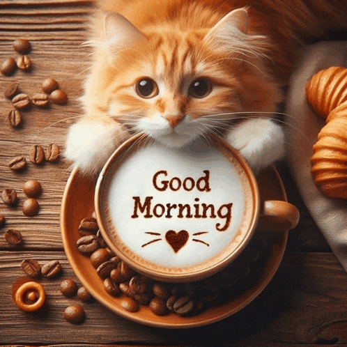 a cat laying on top of a cup of coffee with the words good morning written on it
